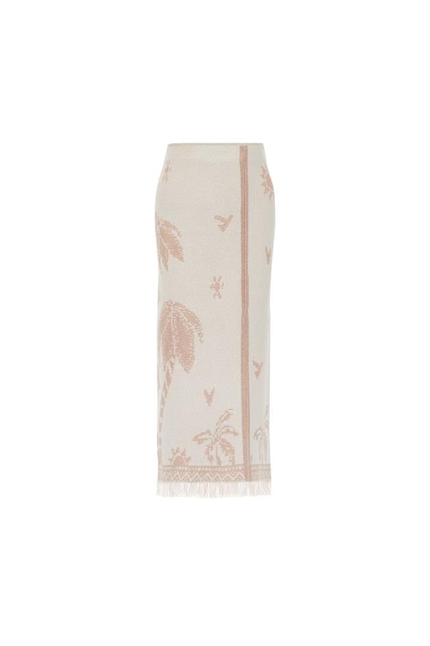 Fringe Detail Slit Ecru Midi Skirt