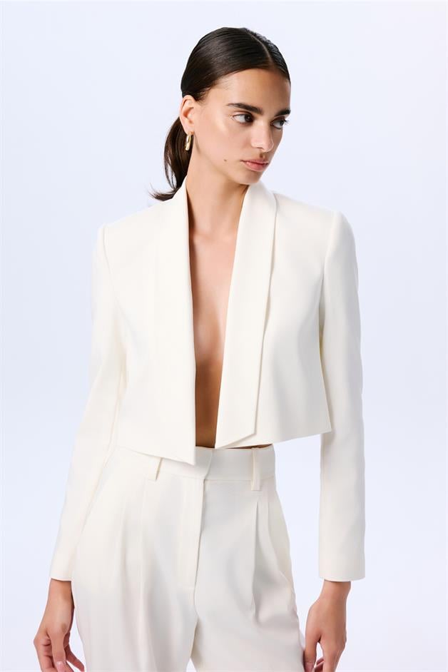 Shawl Collar Long Sleeve Ecru Crop Jacket  
