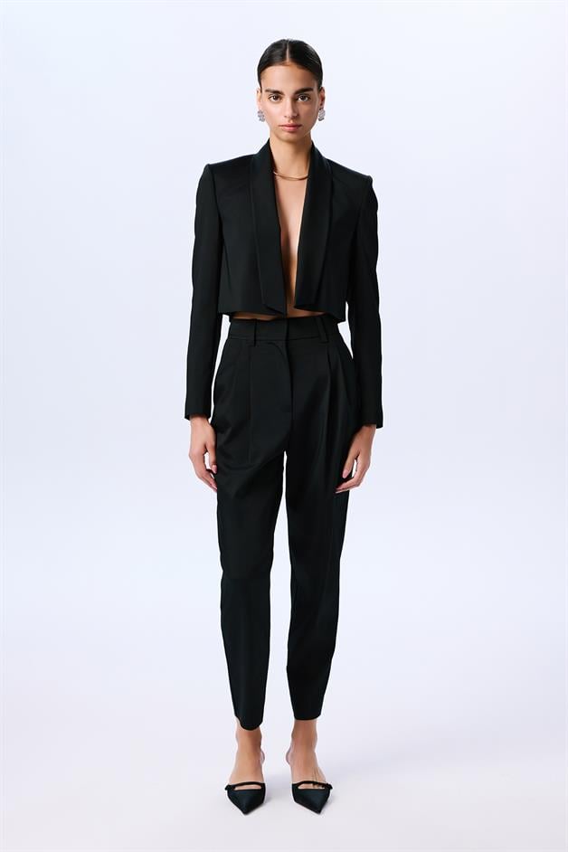 Shawl Collar Long Sleeve Black Crop Jacket  