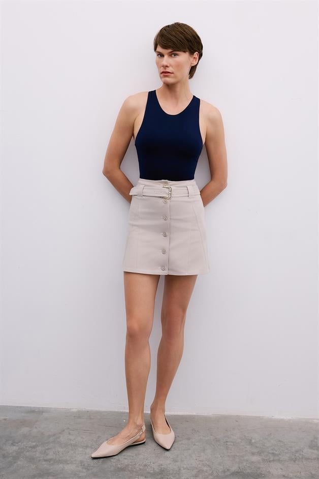 Elegant Belted Mini Grey Skirt