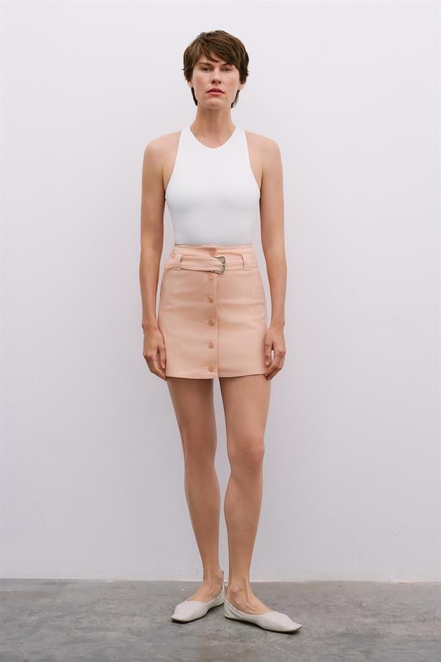 Elegant Belted Mini Powder Pink Skirt