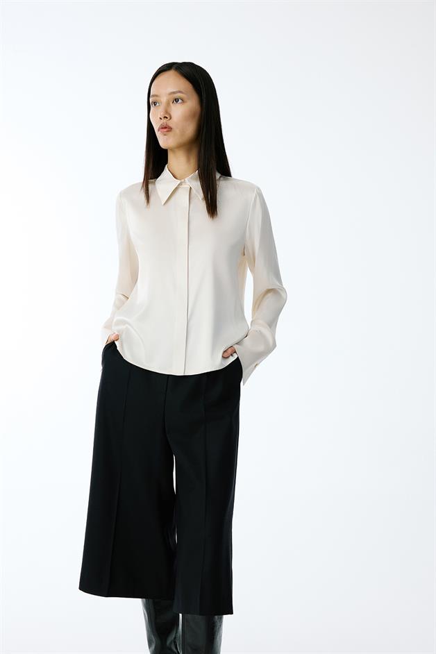 Elegant Cuffed Long Sleeve Beige Shirt