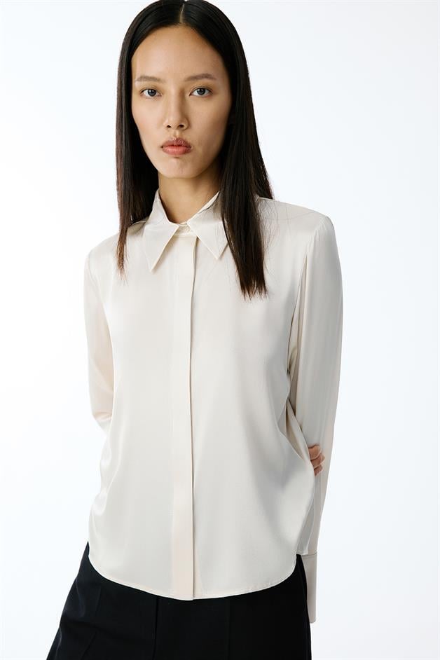 Elegant Cuffed Long Sleeve Beige Shirt