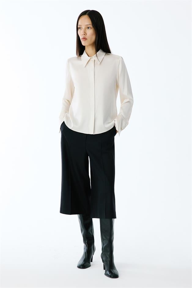 Elegant Cuffed Long Sleeve Beige Shirt