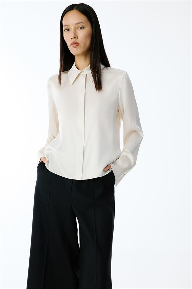 Elegant Cuffed Long Sleeve Beige Shirt
