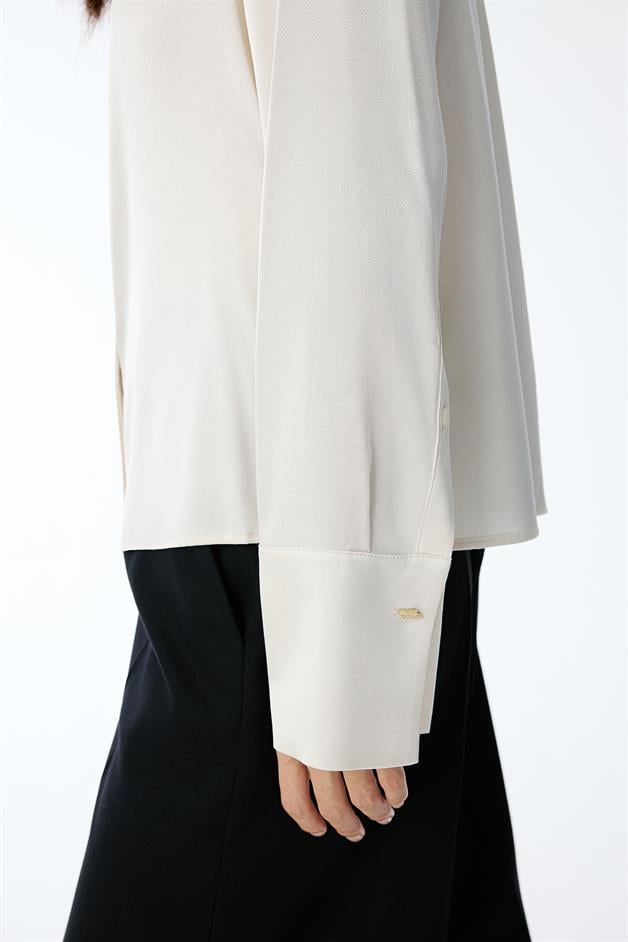 Elegant Cuffed Long Sleeve Beige Shirt