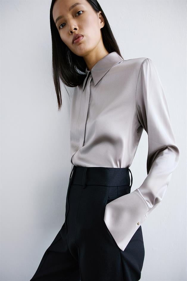 Elegant Cuffed Long Sleeve Grey Shirt