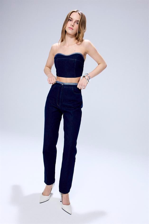 Sim Detaylı Straplez Lacivert Denim Büstiyer