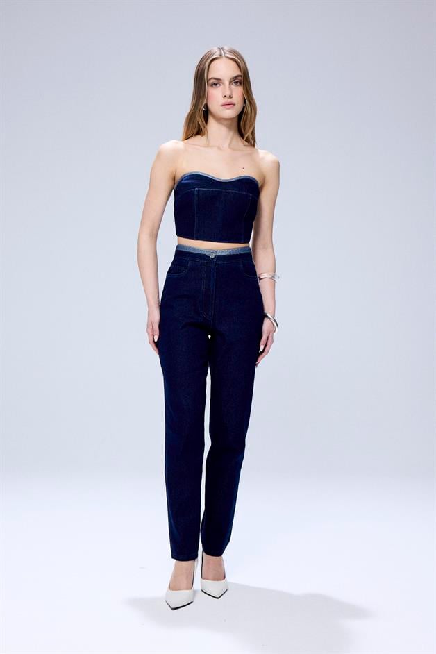 Sim Detaylı Straplez Lacivert Denim Büstiyer