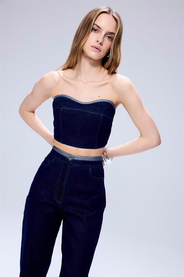 Sim Detaylı Straplez Lacivert Denim Büstiyer