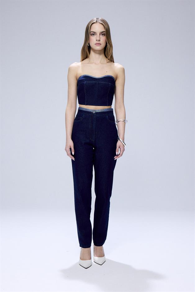 Sim Detaylı Straplez Lacivert Denim Büstiyer