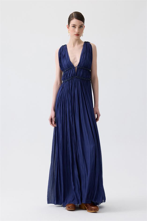 Glitter Stitch Detail Ruched Navy Blue Long Dress