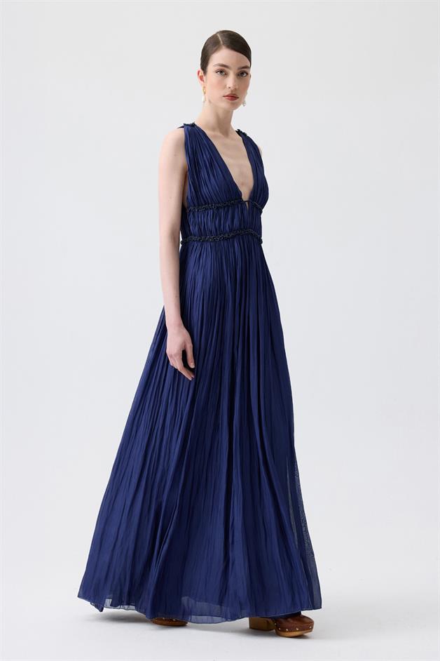 Glitter Stitch Detail Ruched Navy Blue Long Dress