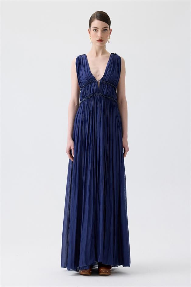 Glitter Stitch Detail Ruched Navy Blue Long Dress