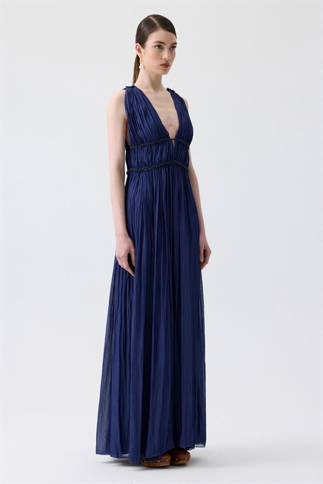 Glitter Stitch Detail Ruched Navy Blue Long Dress