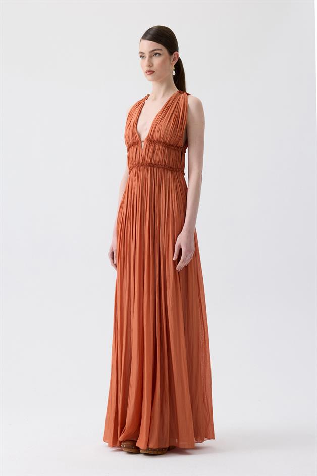 Glitter Stitch Detail Orange Long Dress