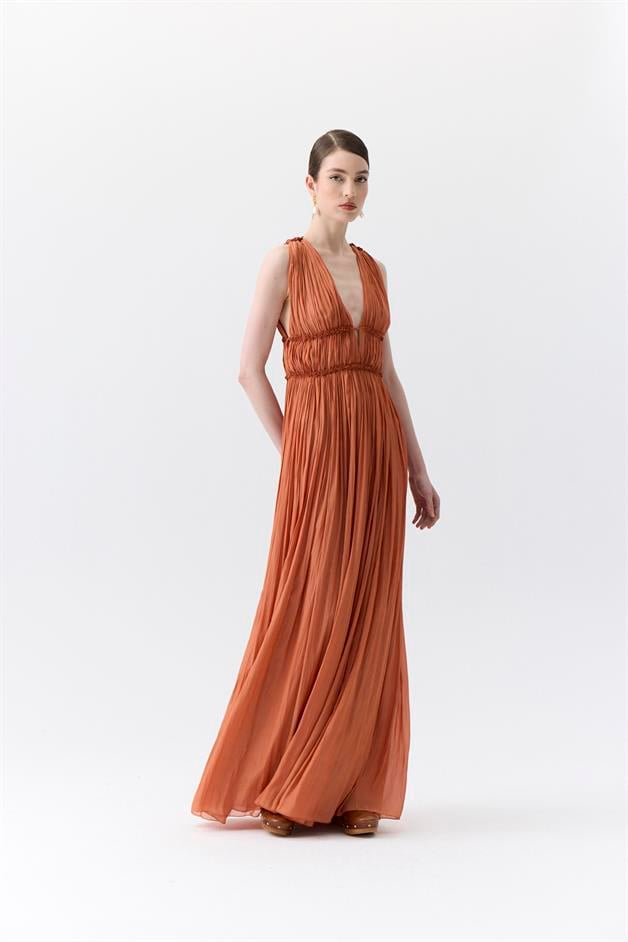 Glitter Stitch Detail Orange Long Dress