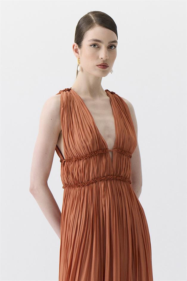 Glitter Stitch Detail Orange Long Dress