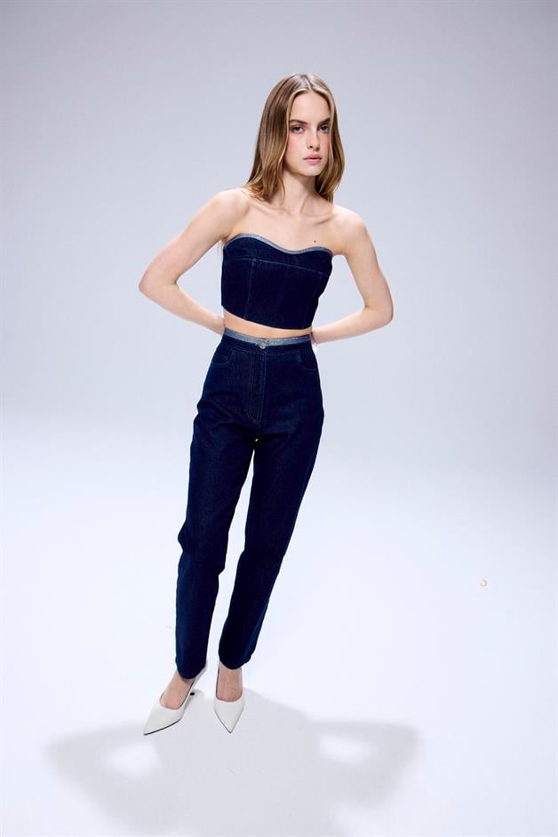 Glitter Stitch Detail Navy Denim Pants