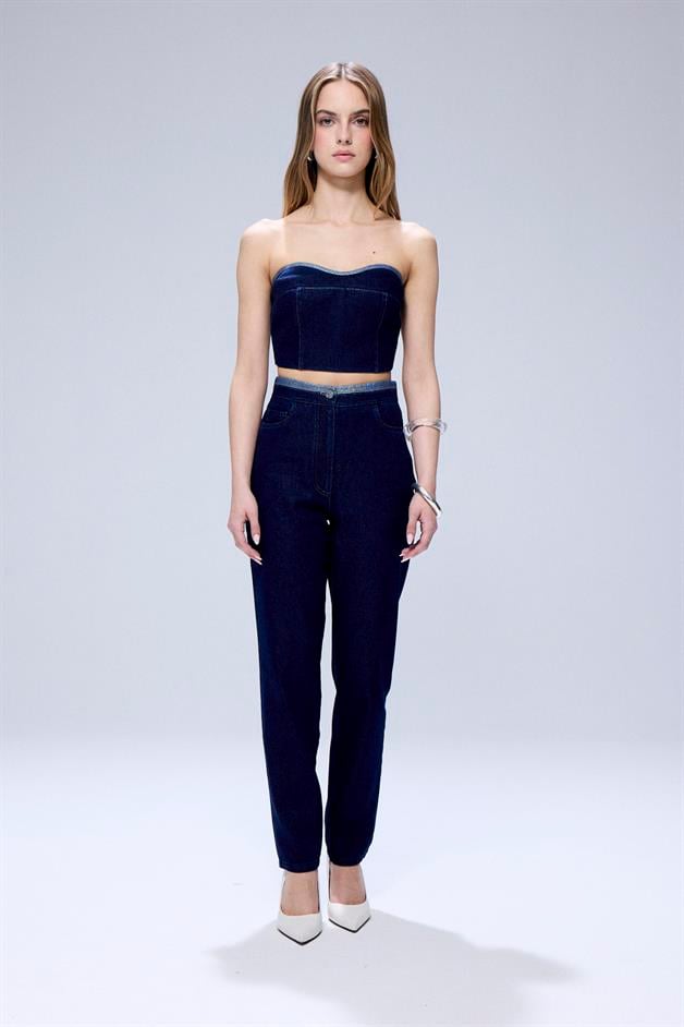 Glitter Stitch Detail Navy Denim Pants