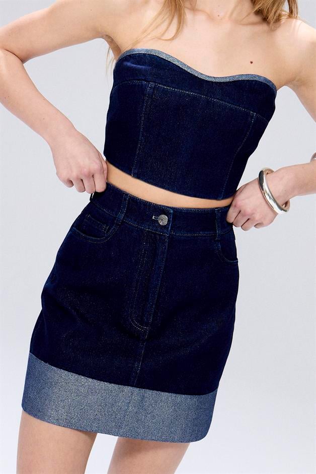Glitter Stitch Mini Navy Denim Skirt