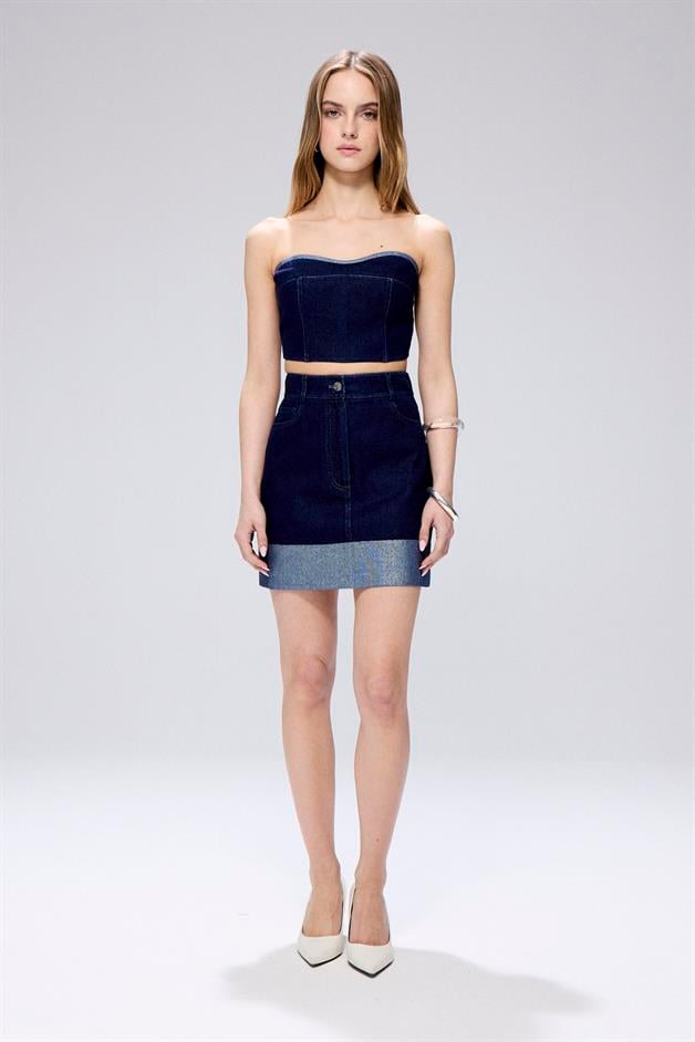 Glitter Stitch Mini Navy Denim Skirt