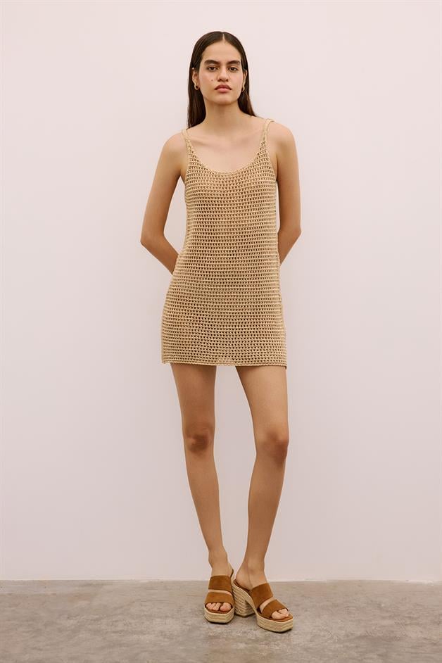 Shimmery Textured Strappy Mini Camel Dress