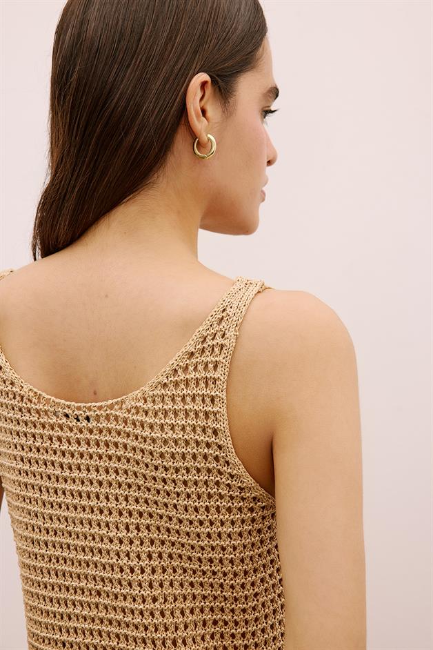 Shimmery Textured Strappy Mini Camel Dress