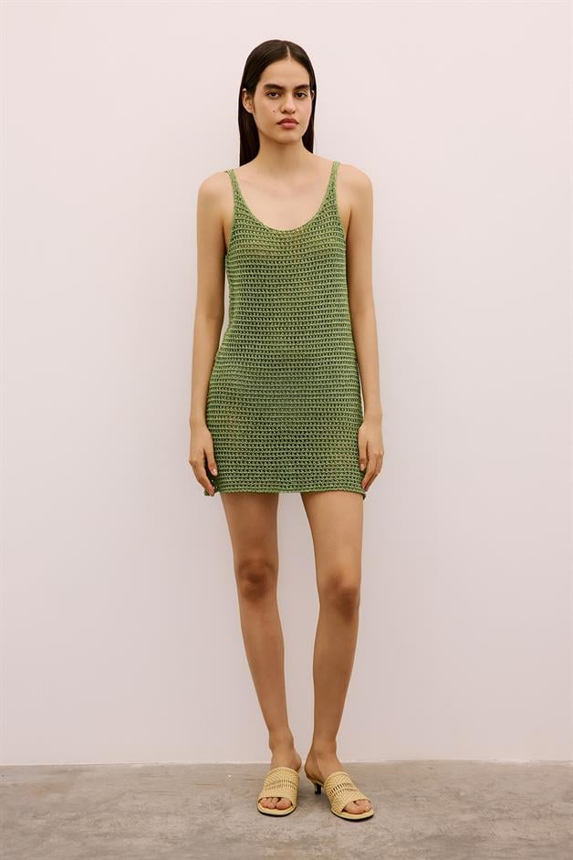 Shimmery Textured Strappy Mini Green Dress