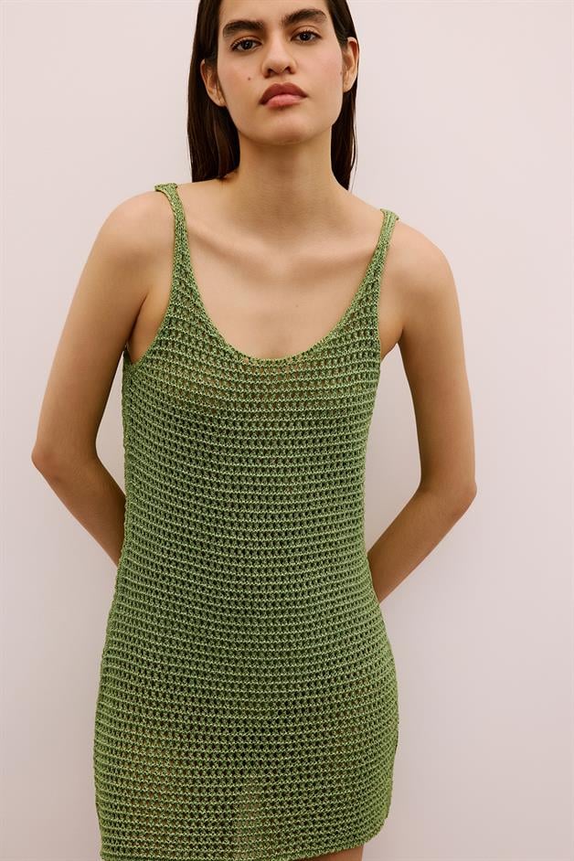 Shimmery Textured Strappy Mini Green Dress