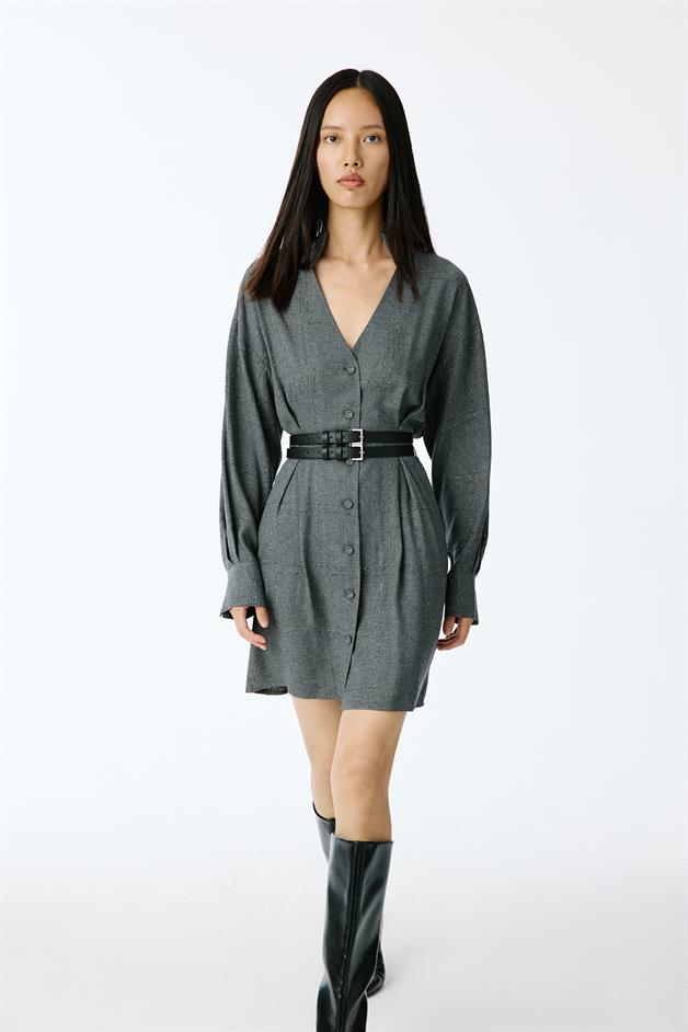 Glitter Plaid V-Neck Grey Mini Dress
