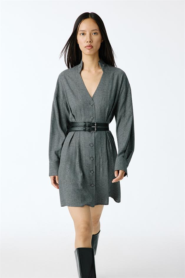 Glitter Plaid V-Neck Grey Mini Dress