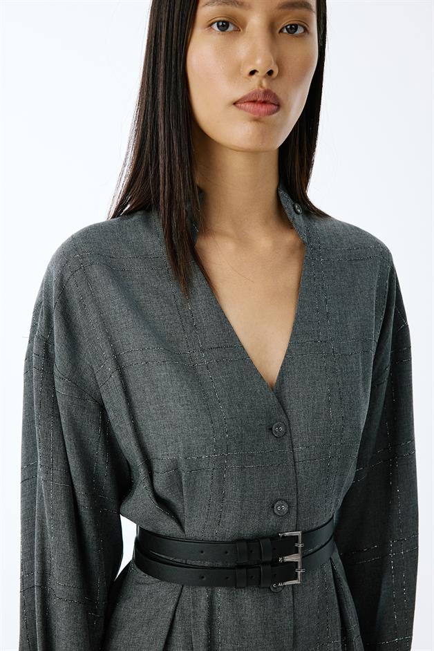 Glitter Plaid V-Neck Grey Mini Dress