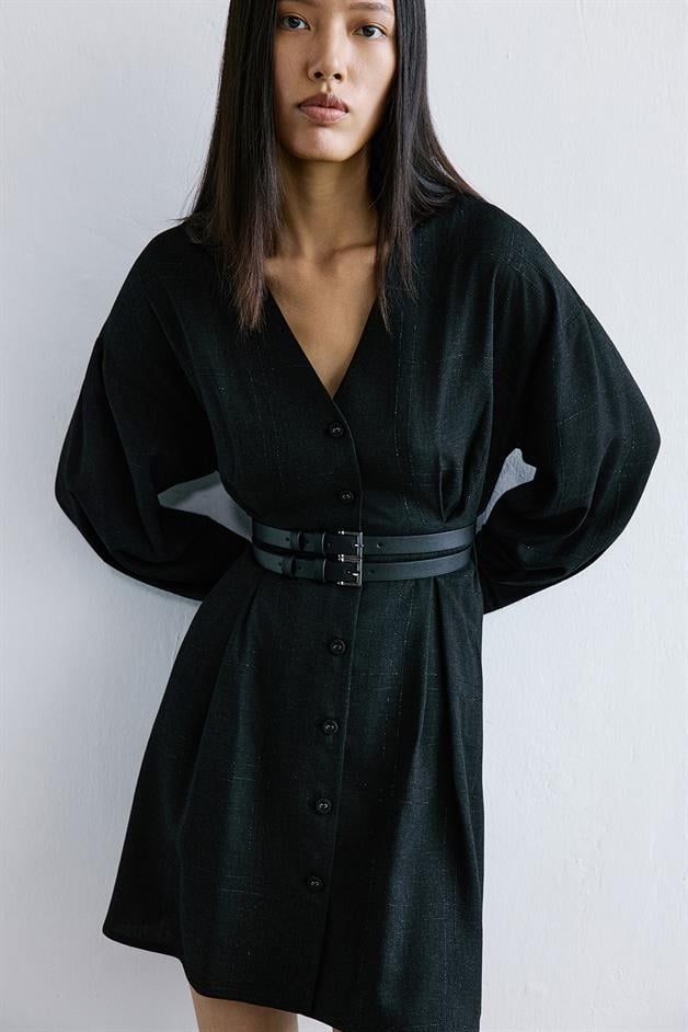 Glitter Plaid V-Neck Black Mini Dress