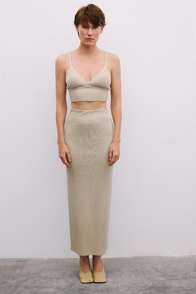 Glitter Detail Slit Long Gold Skirt