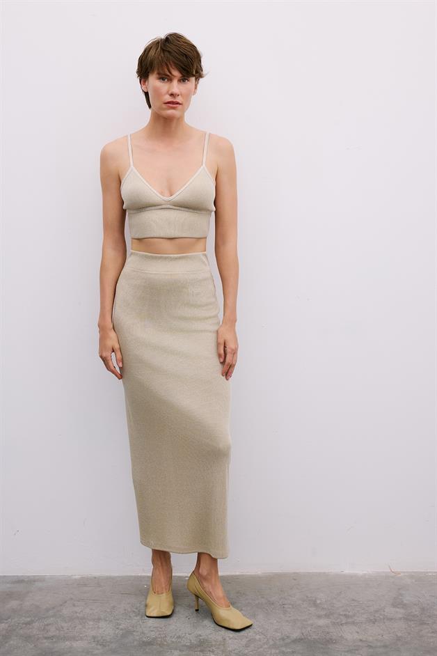 Glitter Detail Slit Long Gold Skirt