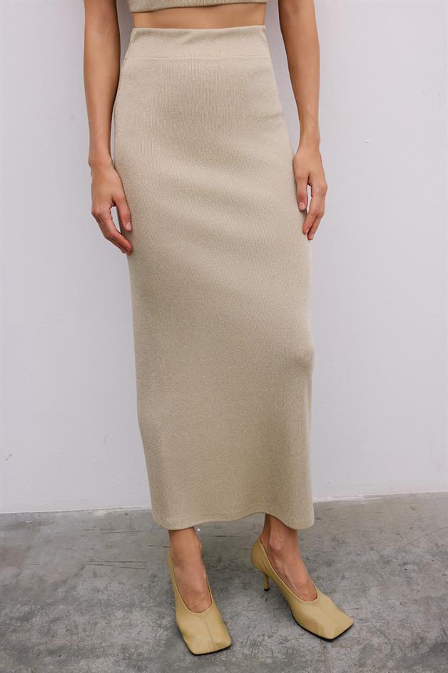Glitter Detail Slit Long Gold Skirt