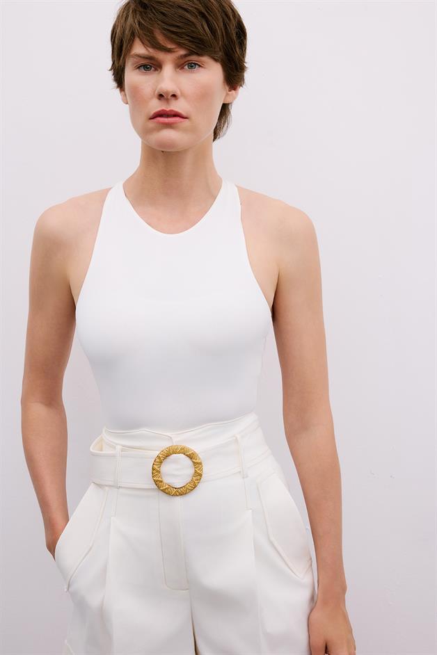 Back Strap Detail Stretch Ecru Bodysuit