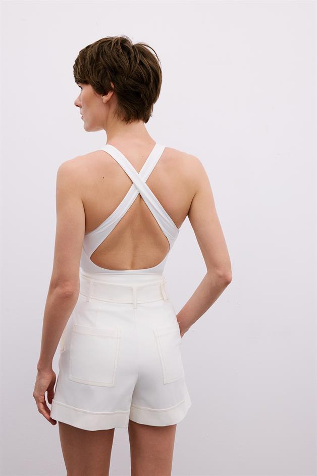Back Strap Detail Stretch Ecru Bodysuit