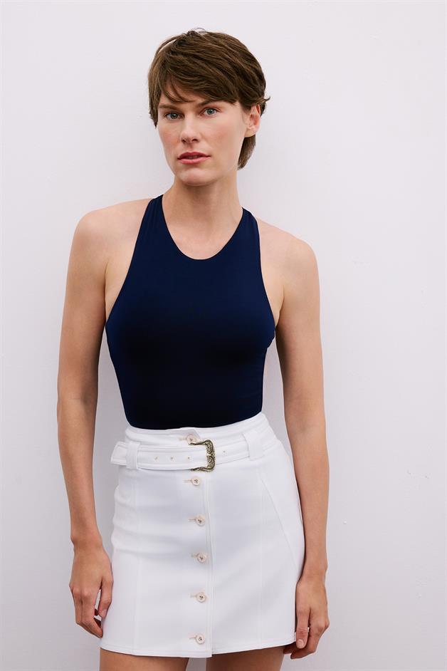 Back Strap Detail Stretch Navy Blue Bodysuit
