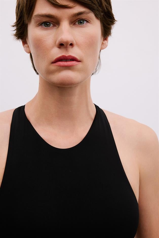 Back Strap Detail Stretch Black Bodysuit