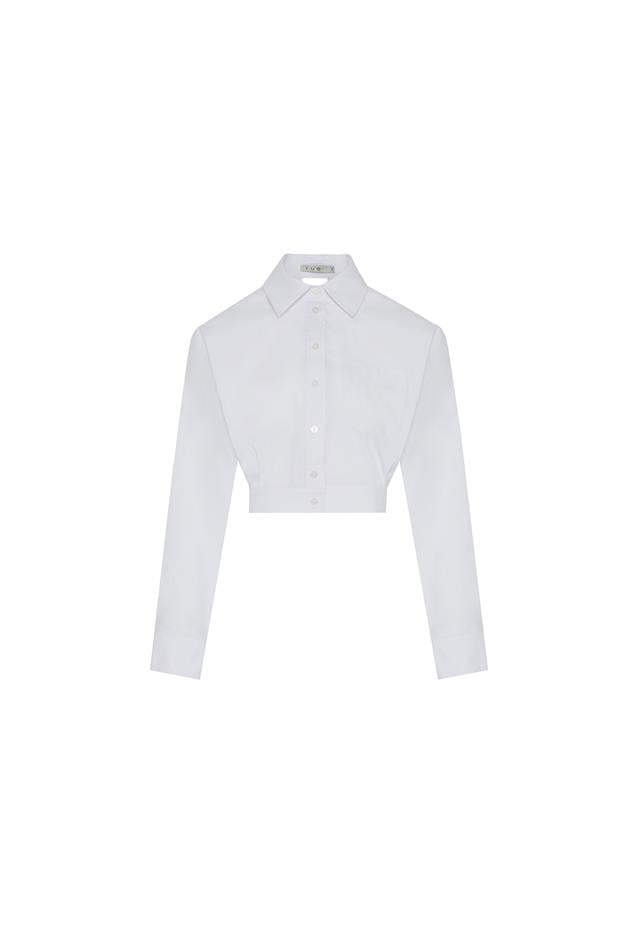 Back Decollete Pocketed White Crop Shirt