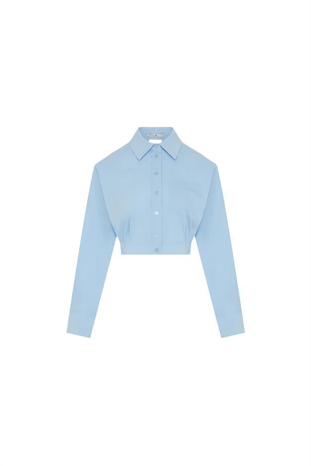 Back Decollete Pocketed Blue Crop Shirt