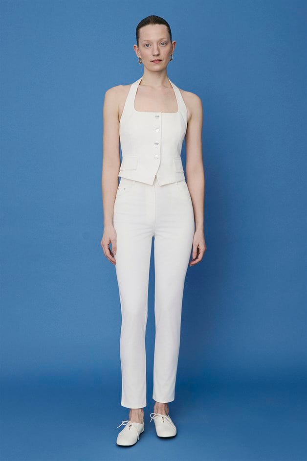 Sırt Dekolteli Denim Dokulu Crop Ekru Büstiyer