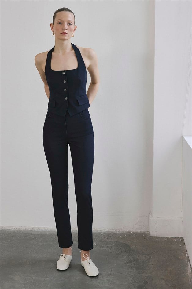 Sırt Dekolteli Denim Dokulu Crop Lacivert Büstiyer