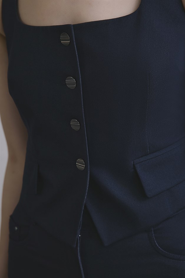 Sırt Dekolteli Denim Dokulu Crop Lacivert Büstiyer