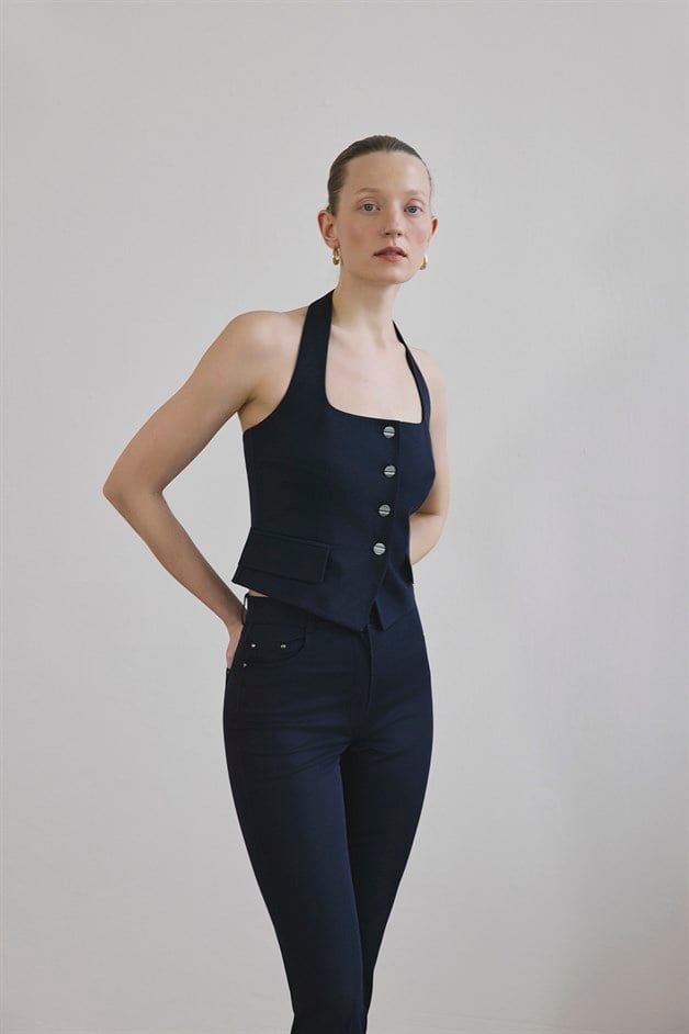 Sırt Dekolteli Denim Dokulu Crop Lacivert Büstiyer