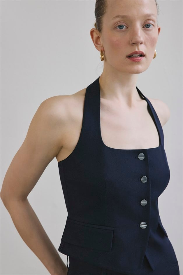 Sırt Dekolteli Denim Dokulu Crop Lacivert Büstiyer