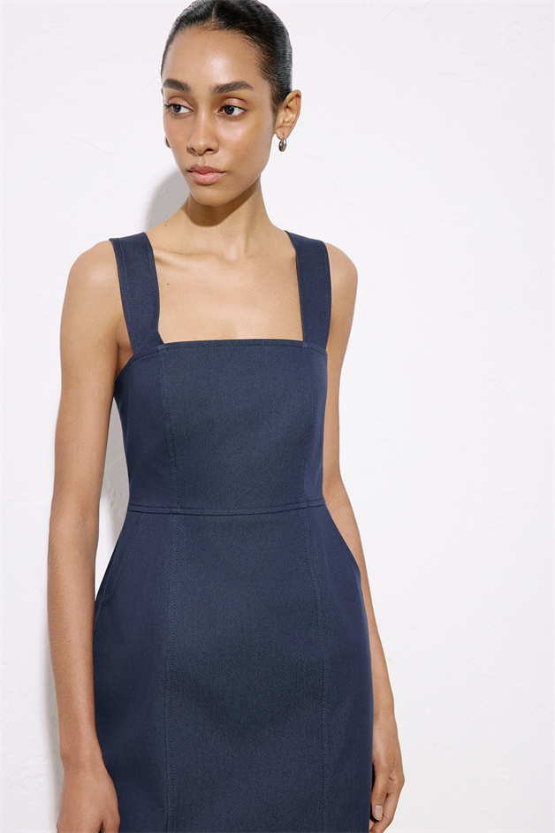 Sırt Dekolteli Denim Dokulu Mini Lacivert Elbise