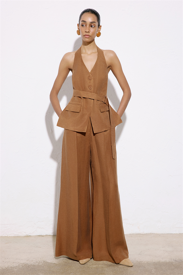 Back Cut-Out Linen Blend Brown Vest